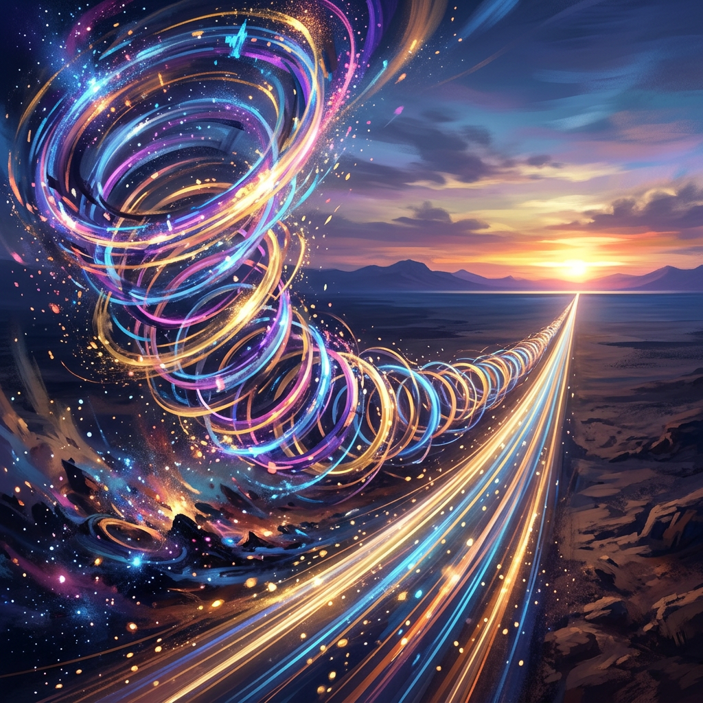 Colorful spiral of energy beams over a glowing road toward a sunset on distant mountains.